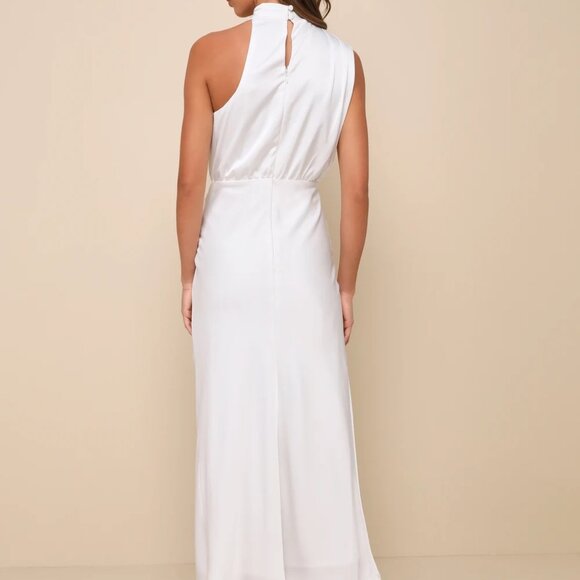 Lulu's Distinctive Charm White Satin Asymmetrical Midi Dress - Picture 3 of 4